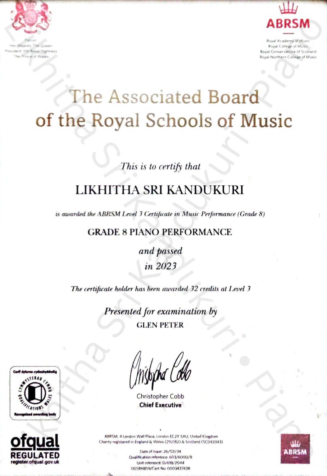 ABRSM Grade 8 Piano certificate